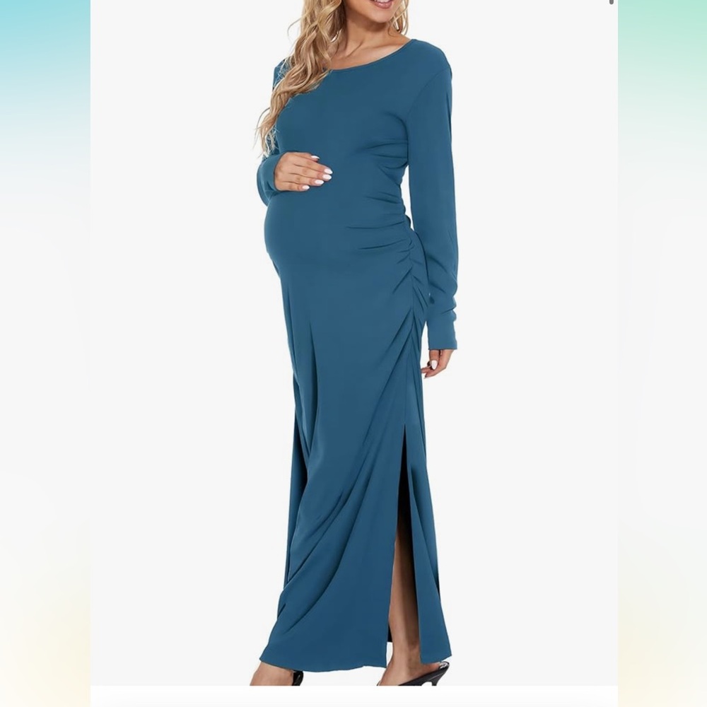 Smallshow Women's Split Maternity Dress Long Sleeve Ruched Pregnancy Clothes